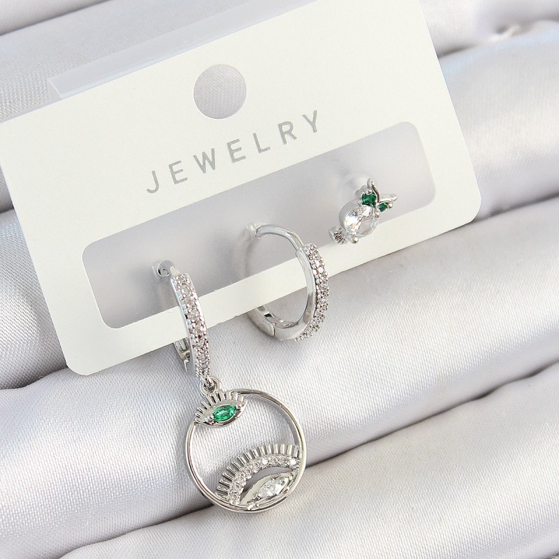 Pirinç Zirkon Taşlı Göz Ve Baykuş Model Gümüş Renk 3'lü Çift Kadın Küpe Set