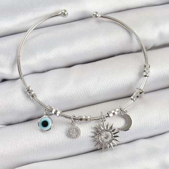 Pirinç Zirkon Taşlı Güneş Ay Ve Nazar Model Gümüş Renk Charm Bileklik
