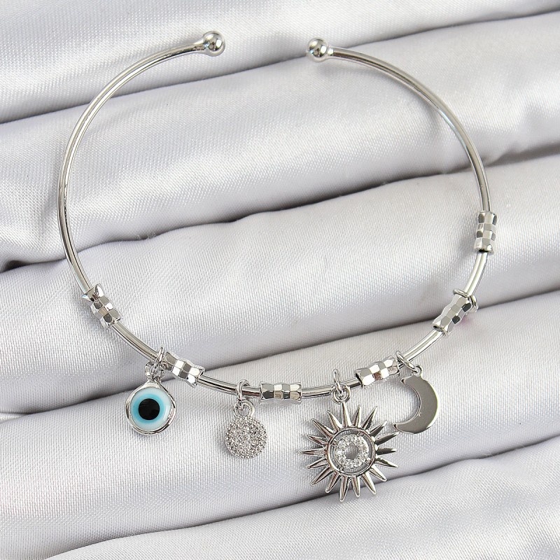 Pirinç Zirkon Taşlı Güneş Ay Ve Nazar Model Gümüş Renk Charm Bileklik