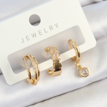 Pirinç Zirkon Taşlı Halka Model Gold Renk 3'lü Çift Kadın Küpe Set