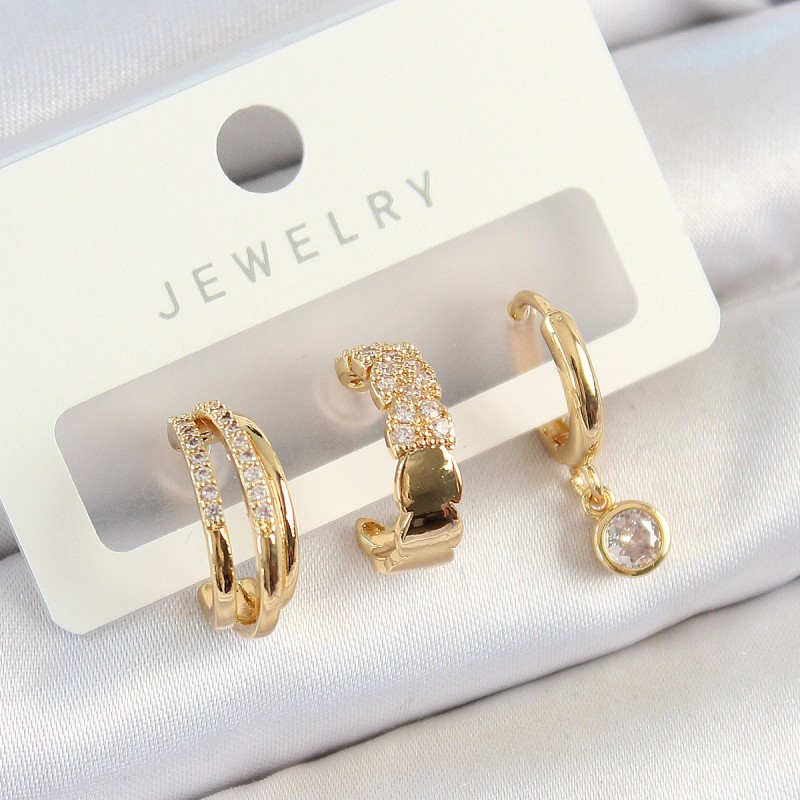 Pirinç Zirkon Taşlı Halka Model Gold Renk 3'lü Çift Kadın Küpe Set