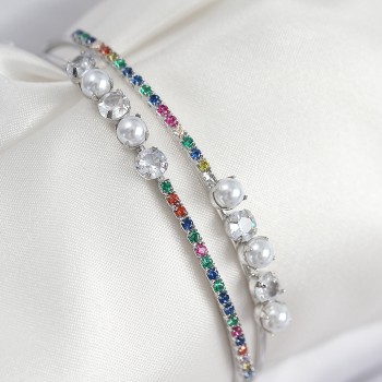 Pirinç Zirkon Taşlı İnci Model Gümüş Renk Kadın Bileklik