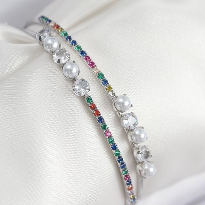 Pirinç Zirkon Taşlı İnci Model Gümüş Renk Kadın Bileklik