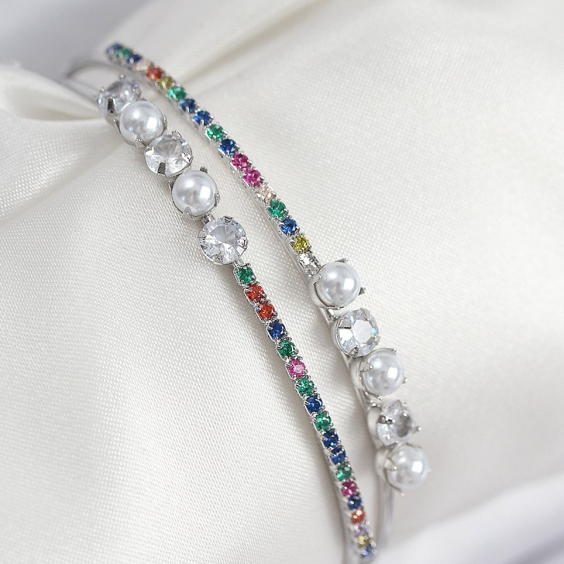 Pirinç Zirkon Taşlı İnci Model Gümüş Renk Kadın Bileklik