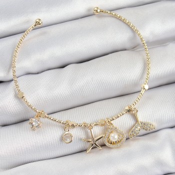 Pirinç Zirkon Taşlı İstiridye Ve Deniz Yıldızı Model Gold Renk Charm Bileklik