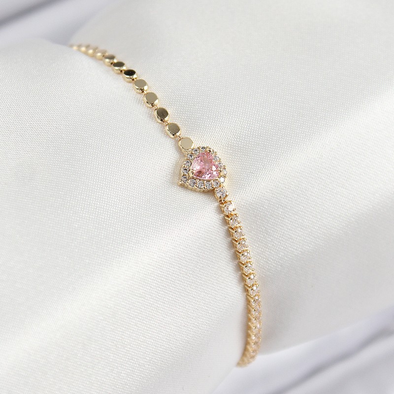 Pirinç Zirkon Taşlı Kalp Model Ezme Zincir Gold Renk Kadın Bileklik