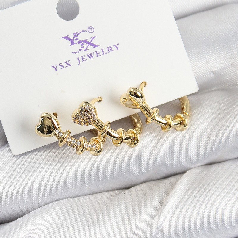 Pirinç Zİrkon Taşlı Kalp Model Gold Renk 3'lü Kadın Küpe