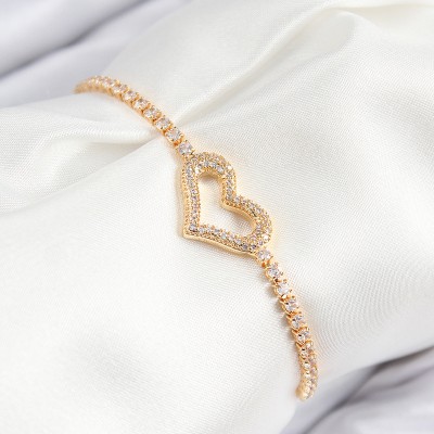 Pirinç Zirkon Taşlı Kalp Model Gold Renk Asansörlü Kadın Bileklik