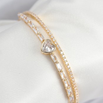 Pirinç Zirkon Taşlı Kalp Model Gold Renk Kadın Bileklik