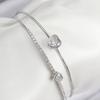 Pirinç Zirkon Taşlı Kalp Model Gümüş Renk Kadın Bileklik