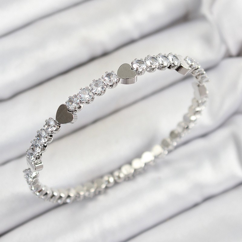 Pirinç Zirkon Taşlı Kalp Model Gümüş Renk Yaylı Kadın Bileklik