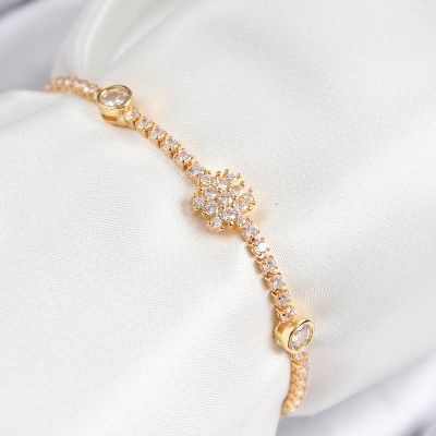 Pirinç Zirkon Taşlı Kar Tanesi Model Gold Renk Asansörlü Kadın Bileklik