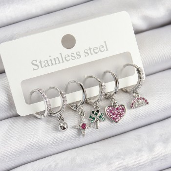 Pirinç Zirkon Taşlı Karpuz Yonca Kalp Pusula Karışık Model Gümüş Renk 6'lı Set Kadın Küpe