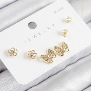 Pirinç Zirkon Taşlı Kelebek Model Gold Renk 925 Ayar Gümüş Çivi Kadın Küpe Set