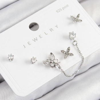 Pirinç Zirkon Taşlı Kelebek Model Gümüş Renk 925 Ayar Gümüş Çivi Kadın Küpe Set