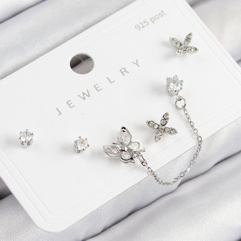 Pirinç Zirkon Taşlı Kelebek Model Gümüş Renk 925 Ayar Gümüş Çivi Kadın Küpe Set