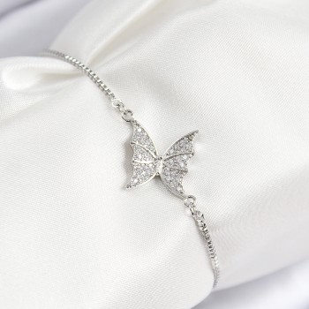 Pirinç Zirkon Taşlı Kelebek Model Gümüş Renk Asansörlü Kadın Bileklik