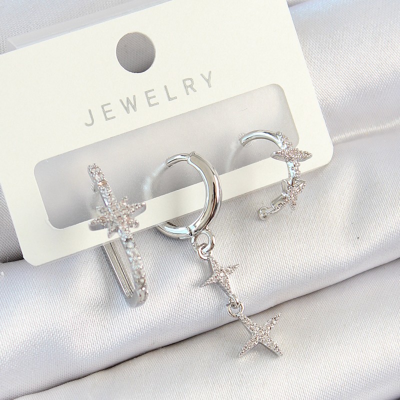 Pirinç Zirkon Taşlı Kelebek Ve Sallantılı Yıldız Model Gümüş Renk 3'lü Çift Kadın Küpe Set