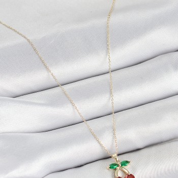 Pirinç Zirkon Taşlı Kiraz Model Gold Renk Kadın Kolye