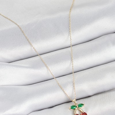 Pirinç Zirkon Taşlı Kiraz Model Gold Renk Kadın Kolye