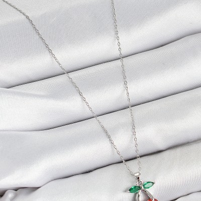 Pirinç Zirkon Taşlı Kiraz Model Gümüş Renk Kadın Kolye