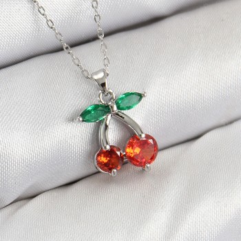 Pirinç Zirkon Taşlı Kiraz Model Gümüş Renk Kadın Kolye