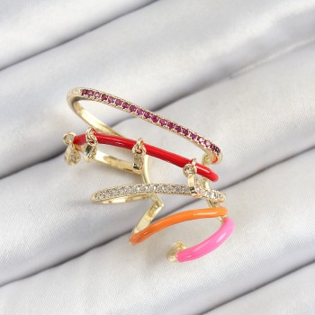Pirinç Zirkon Taşlı Kırmızı Turuncu Pembe Sıkıştırma Sağ Kıkırdak Gold Renk Kadın Küpe