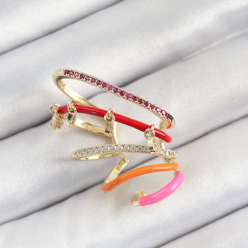 Pirinç Zirkon Taşlı Kırmızı Turuncu Pembe Sıkıştırma Sağ Kıkırdak Gold Renk Kadın Küpe