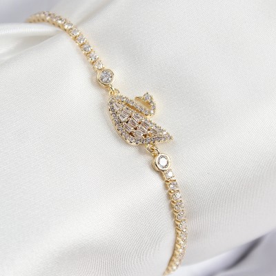 Pirinç Zirkon Taşlı Kuğu Model Gold Renk Kadın Bileklik