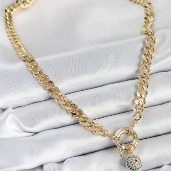 Pirinç Zirkon Taşlı Nazar Boncuk Detaylı Klasik Zincir Model Gold Renk Kadın Kolye