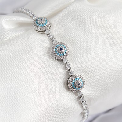 Pirinç Zirkon Taşlı Nazar Model Gümüş Renk Kadın Bileklik