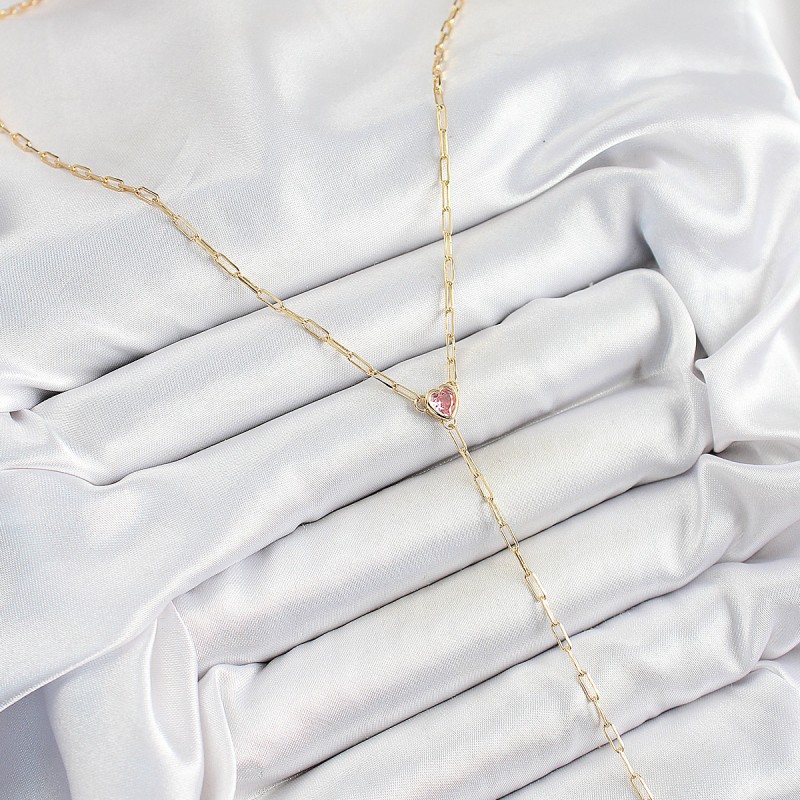 Pirinç Zirkon Taşlı Pembe Kalp Figürlü Y Model Gold Renk Kadın Kolye