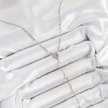 Pirinç Zirkon Taşlı Pembe Kalp Figürlü Y Model Gümüş Renk Kadın Kolye