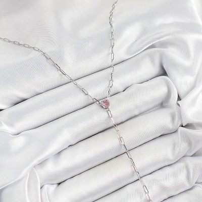 Pirinç Zirkon Taşlı Pembe Kalp Figürlü Y Model Gümüş Renk Kadın Kolye