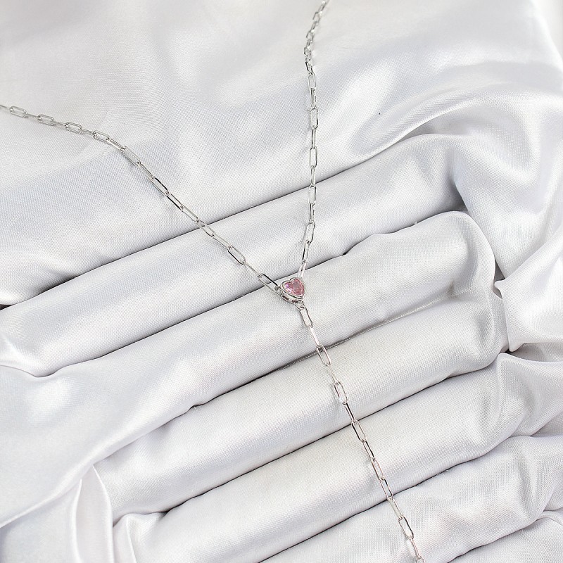 Pirinç Zirkon Taşlı Pembe Kalp Figürlü Y Model Gümüş Renk Kadın Kolye