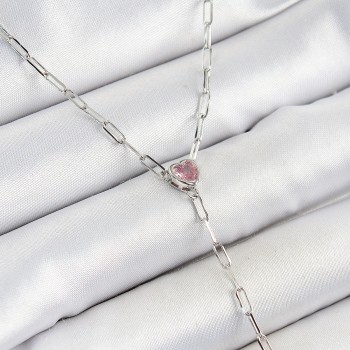 Pirinç Zirkon Taşlı Pembe Kalp Figürlü Y Model Gümüş Renk Kadın Kolye