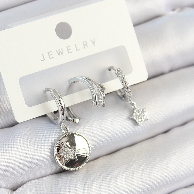 Pirinç Zirkon Taşlı Sallantılı Yıldız Model Gümüş Renk 3'lü Çift Kadın Küpe Set