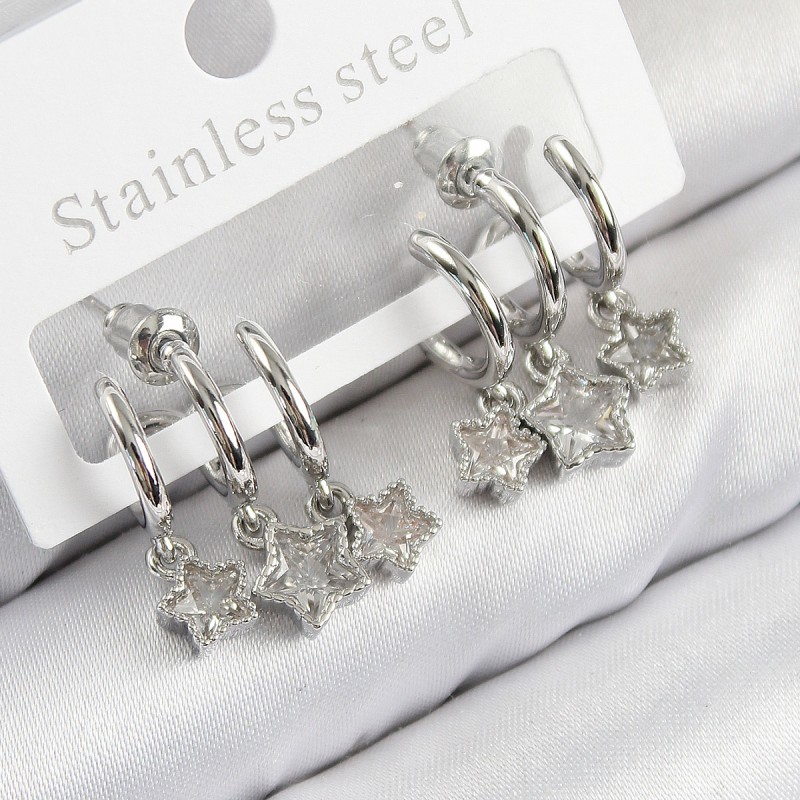 Pirinç Zirkon Taşlı Sallantılı Yıldız Model Gümüş Renk Kadın Küpe