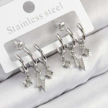 Pirinç Zirkon Taşlı Şimşek Model Gümüş Renk Kadın Küpe