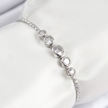 Pirinç Zirkon Taşlı Sıralı Daire Model Gümüş Renk Asansörlü Kadın Bileklik