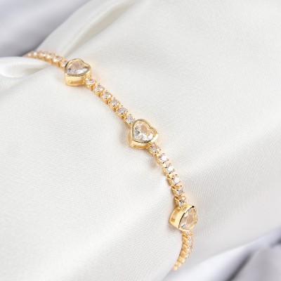Pirinç Zirkon Taşlı Sıralı Kalp Model Gold Renk Kadın Bileklik