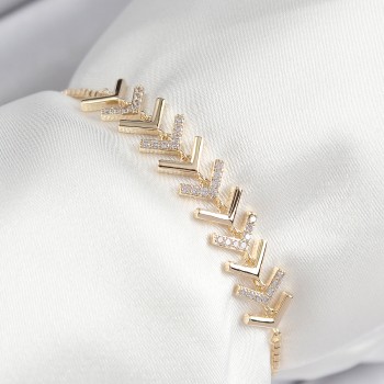 Pirinç Zirkon Taşlı Sıralı Ok Model Gold Renk Asansörlü Kadın Bileklik