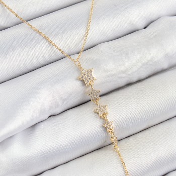 Pirinç Zirkon Taşlı Sıralı Yıldız Figürlü Y Model Gold Renk Kadın Kolye