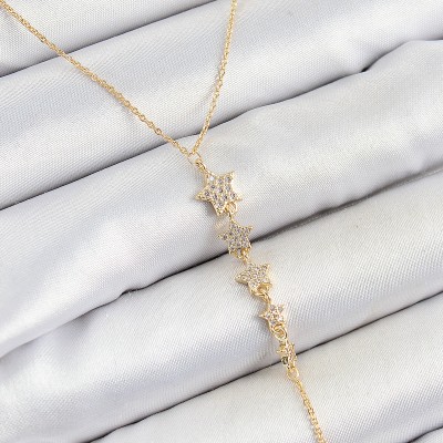 Pirinç Zirkon Taşlı Sıralı Yıldız Figürlü Y Model Gold Renk Kadın Kolye