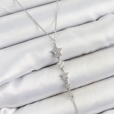 Pirinç Zirkon Taşlı Sıralı Yıldız Figürlü Y Model Gümüş Renk Kadın Kolye