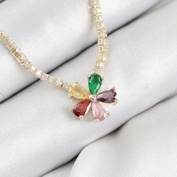 Pirinç Zirkon Taşlı Su Yolu Asorti Çiçek Model Gold Renk Kadın Kolye