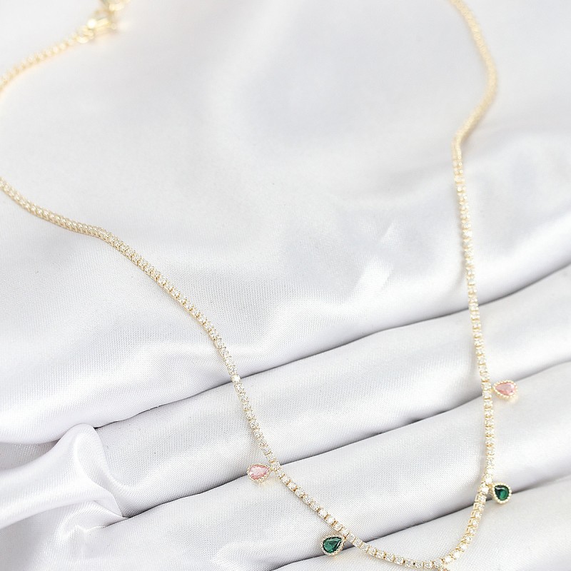 Pirinç Zirkon Taşlı Su Yolu Damla Model Gold Renk Kadın Kolye