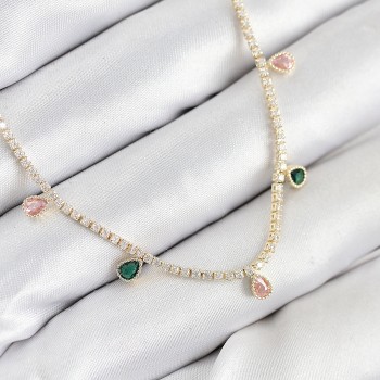 Pirinç Zirkon Taşlı Su Yolu Damla Model Gold Renk Kadın Kolye