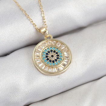 Pirinç Zirkon Taşlı Su Yolu Nazar Model Gold Renk Kadın Kolye