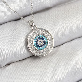 Pirinç Zirkon Taşlı Su Yolu Nazar Model Gümüş Renk Kadın Kolye